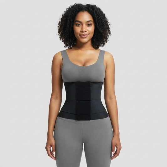 Woman wearing a black waist trainer over a gray tank top and leggings on a light gray background